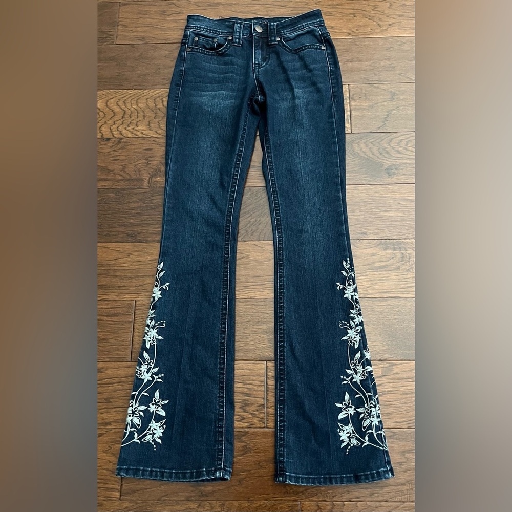 Shyanne Dark Indigo Flare Jeans with White Floral Embroidery
